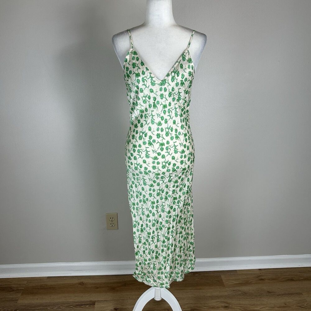 Zara XS Slip Midi Dress Kelly Green Satin Micro Floral A-line Summer Sleeveless